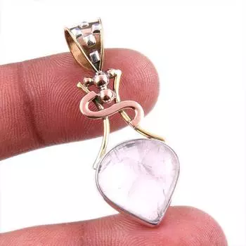 Natural Rose Quartz 925 Solid Sterling Silver Jewelry TwoTone Pendant 1.75 D7n38