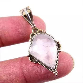 Natural Rose Quartz Gemstone 925 Solid Sterling Silver TwoTone Pendant 1.5 U5h41