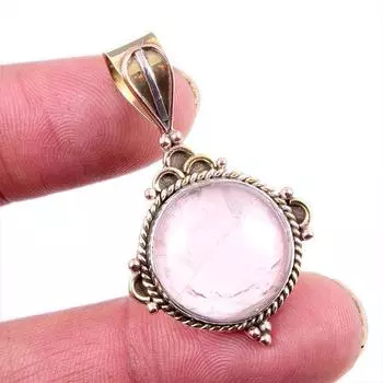 Natural Rose Quartz Gemstone 925 Solid Sterling Silver TwoTone Pendant 1.5 v3O51