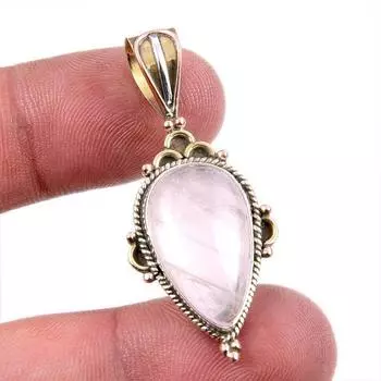 Natural Rose Quartz Gemstone 925 Solid Sterling Silver TwoTone Pendant 1.5 y8z13