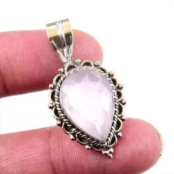 Natural Rose Quartz Gemstone 925 Solid Sterling Silver TwoTone Pendant 1.5 y1p20