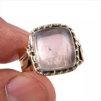 Natural Rose Quartz Gemstone 925 Solid Sterling Silver Two Tone Ring Size 7 f4Z06