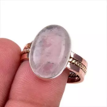 Natural Rose Quartz Gemstone 925 Solid Sterling Silver Two Tone Ring S.10 G9h33
