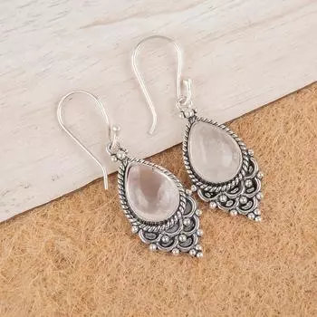 Natural Rose Quartz Gemstone 925 Sterling Silver Jewelry Handmade Earrings 1.9 EE-85-22