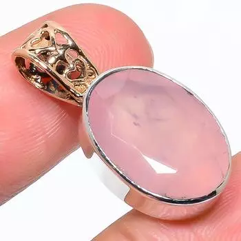 Natural Rose Quartz Gemstone 925 Sterling Silver Two Tone Pendant 1.22 P5o92