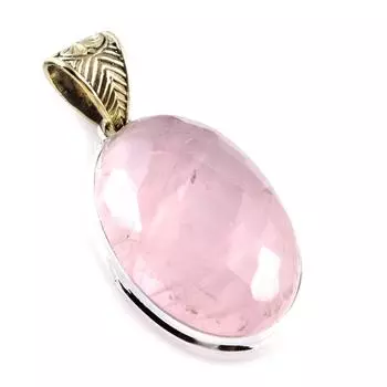 Natural Rose Quartz Gemstone 925 Sterling Silver Two Tone Pendant 2.1 g3g19