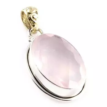Natural Rose Quartz Gemstone 925 Sterling Silver Two Tone Pendant 1.4 E5w42