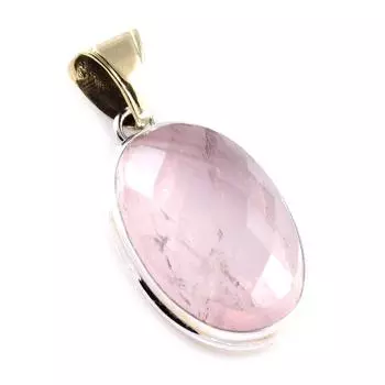 Natural Rose Quartz Gemstone 925 Sterling Silver Two Tone Pendant 1.7 C0E88