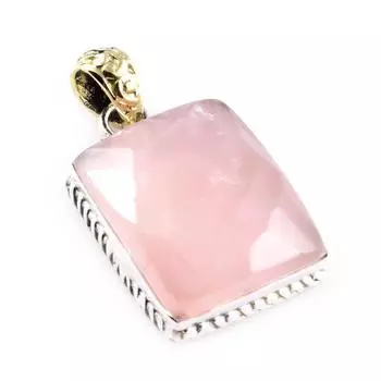 Natural Rose Quartz Gemstone 925 Sterling Silver Two Tone Pendant 1.3 w7q42