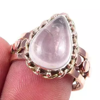 Natural Rose Quartz Gemstone Handmade 925 Sterling Silver Two Tone Ring S.8 v9a21