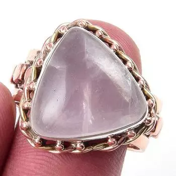 Natural Rose Quartz Gemstone Handmade 925 Sterling Silver Two Tone Ring S.9 f2g05