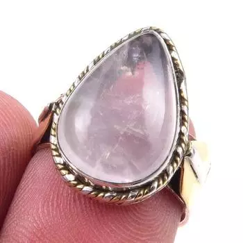 Natural Rose Quartz Gemstone Handmade 925 Sterling Silver Two Tone Ring S.6 f9t12