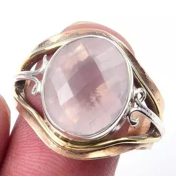 Natural Rose Quartz Gemstone Handmade 925 Sterling Silver Two Tone Ring S.9 H4p70