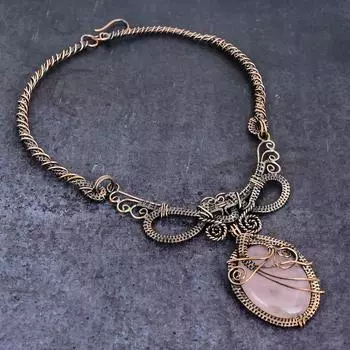 Ожерелье из натурального розового кварца ручной работы из медной проволоки 18 дюймов D8c73