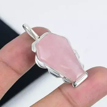 Natural Rose Quartz Gemstone Pendant 925 Sterling Silver- Handmade Coffin Design, Everyday Wear Jewelry, Unique Rose Quartz Pendant Mother s Day Gifts 2.36 розовый