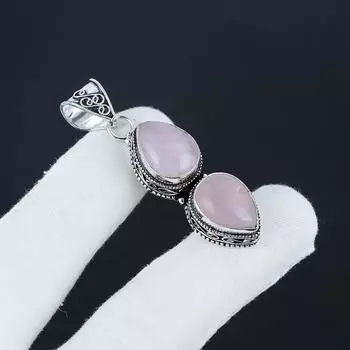 Natural Rose Quartz Gemstone Silver Pendant in 925 Sterling Silver - Handmade Pear Design, Everyday Wear Jewelry Engagement Gift 2.35 розовый