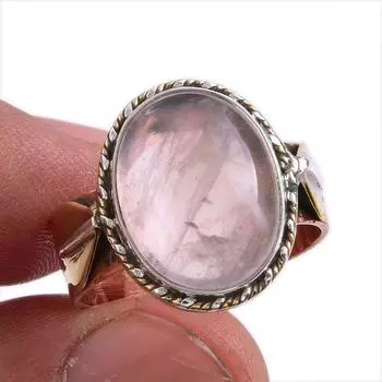 Natural Rose Quartz Gemstone Two Tone 925 Sterling Silver Jewelry Ring S.8 c6a60