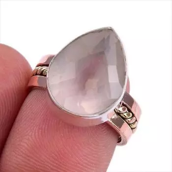 Natural Rose Quartz Gemstone Two Tone 925 Sterling Silver Gift Ring S.7.5 U3r54