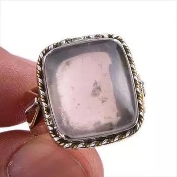 Natural Rose Quartz Gemstone Two Tone 925 Sterling Silver Jewelry Ring S.8 U8D08