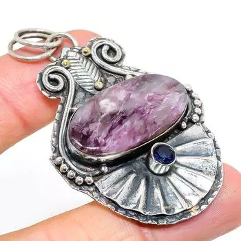 Natural Russian Charoite,Blue Topaz Stone 925 Sterling Silver Pendant 2.40 V0u04