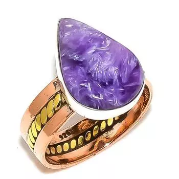 Natural Russian Charoite Gemstone Two Tone 925 Solid Silver Gift Ring S.9 d8g19