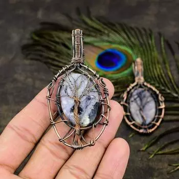 Natural Russian Charoite, Moonstone Gemstone Copper Wire Wrap Pendant 3.15 M1S38