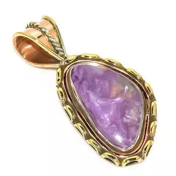 Natural Russian Charoite Two Tone 925 Solid Sterling Silver Pendant 1.75 C6c53