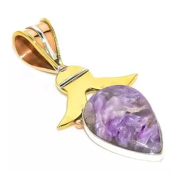 Natural Russian Charoite Two Tone 925 Solid Sterling Silver Pendant 1.75 c8f83