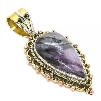 Natural Russian Charoite Two Tone 925 Solid Sterling Silver Pendant 1.75 y1b65