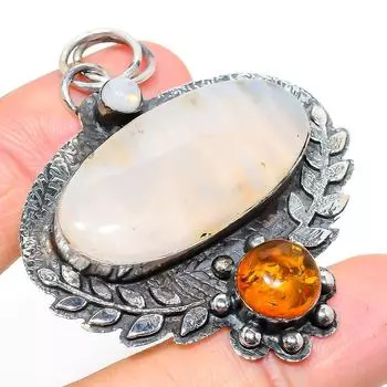 Подвеска из натурального русского дендрита, янтаря, стерлингового серебра 925 пробы, 2,29 дюйма, r9o86