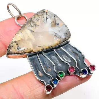 Natural Russian Dendritic,Rubillite Stone 925 Sterling Silver Pendant 2.44 h5v17