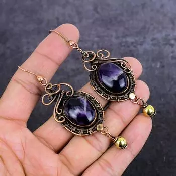 Natural Sage Amethyst Gemstone Copper Wire Wrap Jewelry Earring 3.39 M6c84