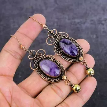 Natural Sage Amethyst Gemstone Copper Wire Wrap Jewelry Earring 3.55 t3O33