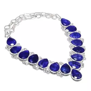 Натуральный сапфир(Смоделированный) Ювелирное ожерелье из стерлингового серебра 925 пробы 18 дюймов S3Q09