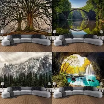 Природный пейзаж Гобелен Настенный гобелен Большое Дерево Печать Ткань Богемная Мечта Комната Прекрасна 100x75cm