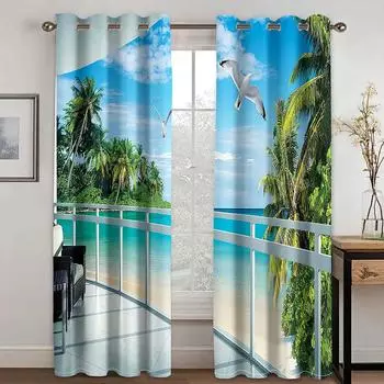 Natural Seaside Scenery 3D Landscape Modern Sunshade Curtains Window For Living Room Bedroom Kitchen Curtain Home Decor 50W130H(CM)X2PCS&Grommet Top