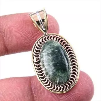 Natural Seraphinite 925 Solid Sterling Silver Jewelry TwoTone Pendant 1.50 o0R00