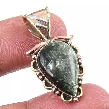 Natural Seraphinite 925 Solid Sterling Silver Jewelry TwoTone Pendant 1.25 r1T54