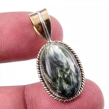 Natural Seraphinite 925 Solid Sterling Silver Jewelry TwoTone Pendant 1.25 Z0M74