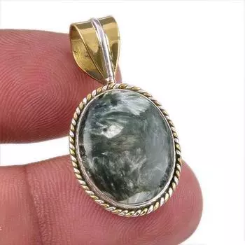 Natural Seraphinite 925 Solid Sterling Silver Jewelry TwoTone Pendant 1.25 m5E66