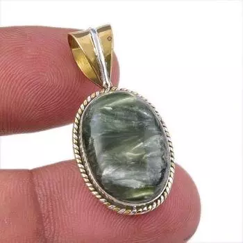 Natural Seraphinite 925 Solid Sterling Silver Jewelry TwoTone Pendant 1.25 V8g44