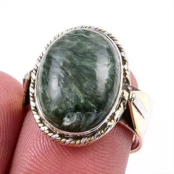 Natural Seraphinite Gemstone 925 Solid Silver Jewelry Two Tone Ring S.7.5US q8k26