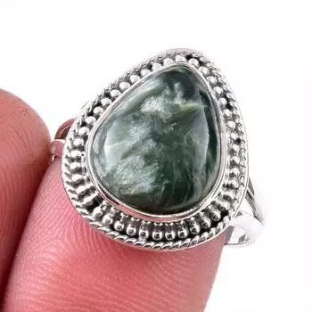 Natural Seraphinite Gemstone 925 Solid Sterling Silver Jewelry Ring Size 9 t0e90