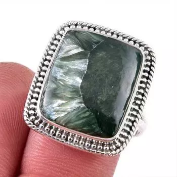 Natural Seraphinite Gemstone 925 Solid Sterling Silver Jewelry Ring Size 8 Q3v47
