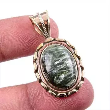 Natural Seraphinite Gemstone 925 Solid Sterling Silver TwoTone Pendant 1.5 c5N81