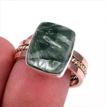 Natural Seraphinite Gemstone 925 Solid Sterling Silver Two Tone Ring S.8.5 Y5r69