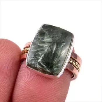 Natural Seraphinite Gemstone 925 Solid Sterling Silver Two Tone Ring Size 6 S1I59