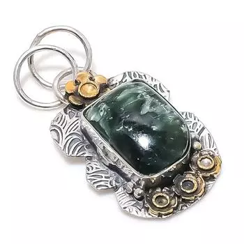 Natural Seraphinite Gemstone 925 Sterling Silver Two Tone Pendant 1.77 o3u42