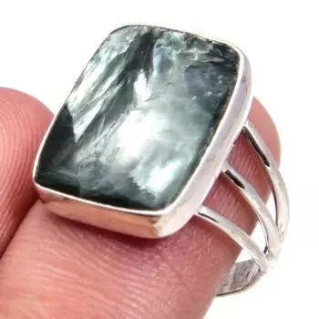 Natural Seraphinite Gemstone Handmade 925 Solid Sterling Silver Ring S.6.5 j3Y27