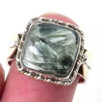 Natural Seraphinite Gemstone Handmade 925 Sterling Silver Two Tone Ring S.8 r3q72